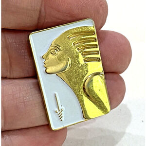Unique Profile Brooch Pin Art Deco Style Goldtone White Enamel Rectangle Taiwan